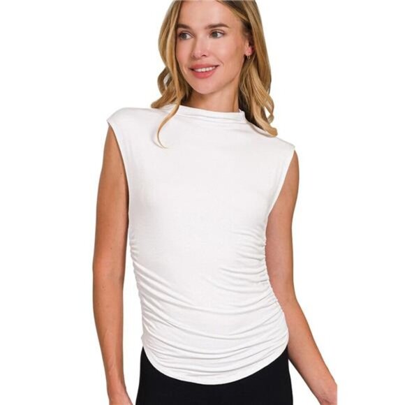 Zenana Double Layered Ruched Side Mock Neck Top - Picture 1 of 3